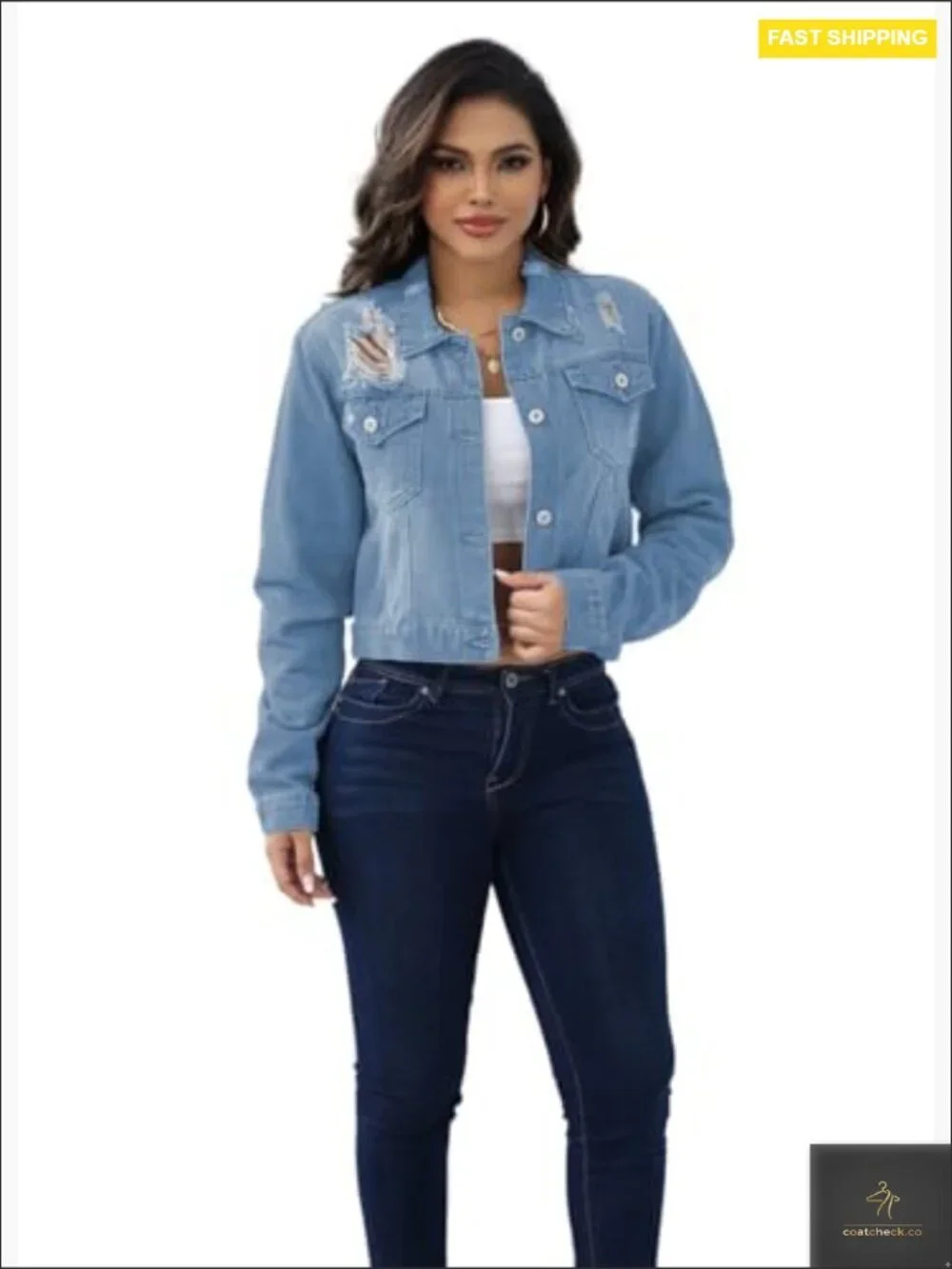 Distressed Denim Jacket Oversized Frayed Hem Long Sleeve Button Down Western_5